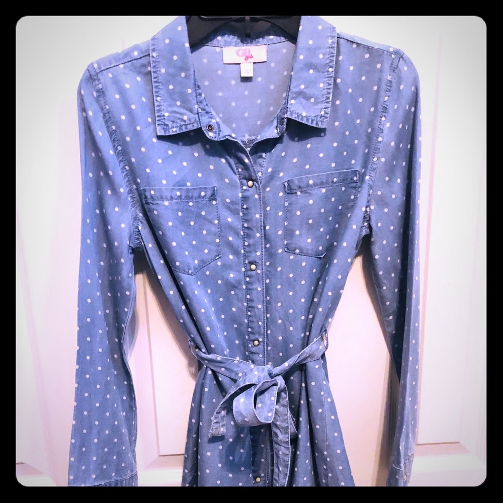 GB Girls Gianni Bini Polka Dot Denim Shirt Dress